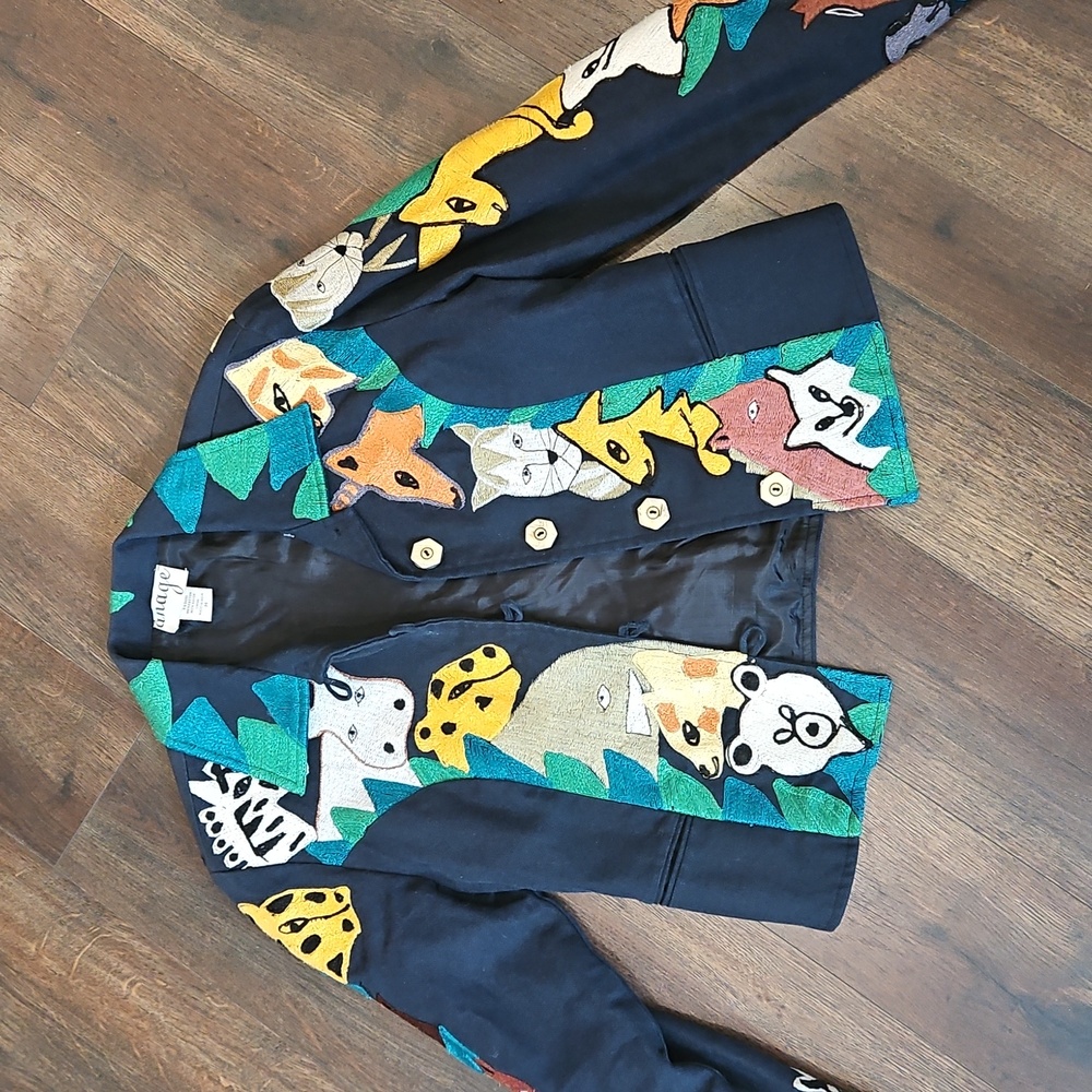 Vintage ANAGE Safari Jacket Womens M Embroidered Animals Art To Wear